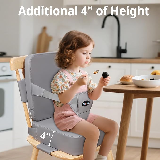 Toddler Booster Seat for Kitchen Chair, 2-in-1 Dining Table Booster Seat with Backrest & Adjustable Straps – Easy-Clean, PU Portable Toddler Eating Travel Increasing Cushion-Light Grey