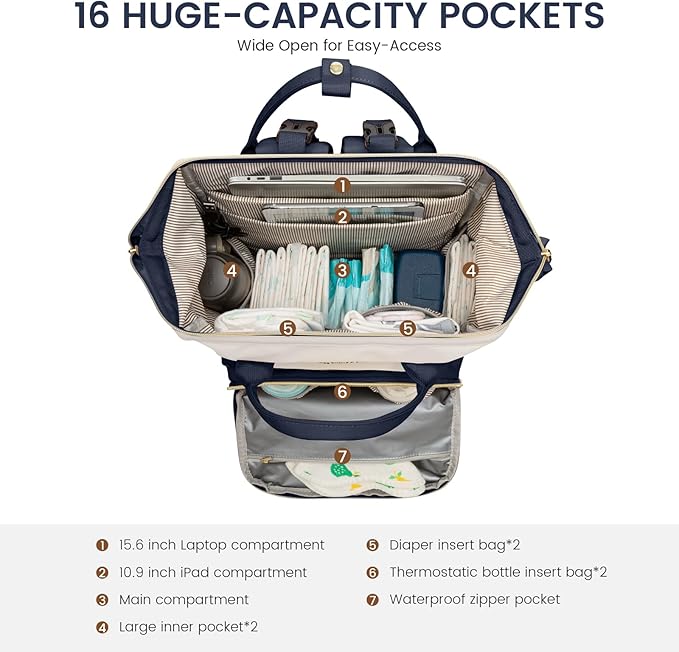 LOVEVOOK Diaper Bag Backpack, Baby Bag with Changing Station, Large Diaper Backpack for Mom Dads, Waterproof Leather Mommy Bag for Boy and Girl, Travel Essential Baby Shower, Navy Blue-Beige