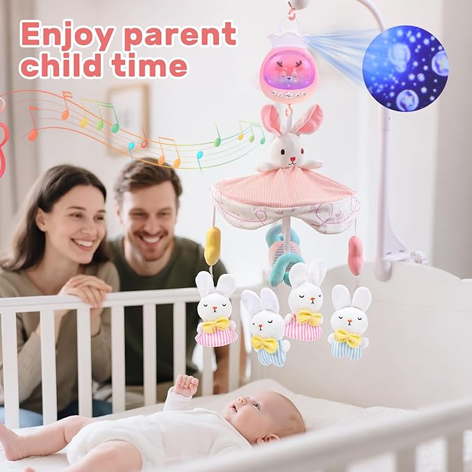 Baby Crib Mobile for Girls with Music, Lights & Projection, Adjustable Volume, 360° Rotating Plush Crib Toys with Detachable Musical Box, Hanging Mobile for Crib, Nursery Decor