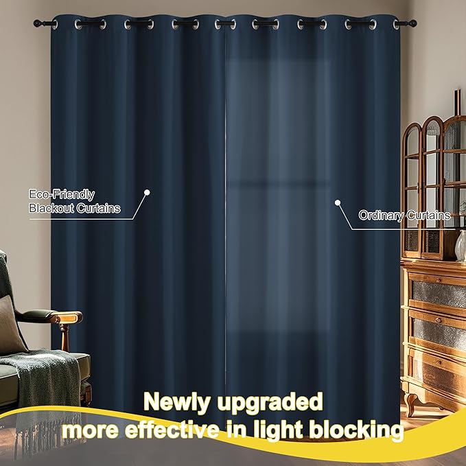 NICETOWN 100% Blackout Curtains 84 Inch Length 2 Panels Set, Thermal Insulated Long Curtains & Drapes, Room Darkening Grommet Drapes for Living Room Bedroom Window (W52 x L84 Inch, Navy)