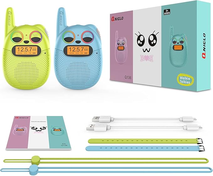 Qniglo Walkie Talkies for Kids Rechargeable 2 Pack,Christmas Birthday Gifts Toys for Age 3-12 Boys Girls, Long Range Kids Walky Talky with FM Radios for Family Adventure Camping Hiking Spy Games