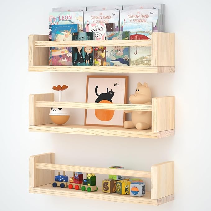 Nursery Book Shelves, 16.5 Inch Floating Bookshelves for Kids Room and Playroom Decor, Set of 3, Solid Wood Wall Mounted Shelves for Books and Toys Storage (Nature)