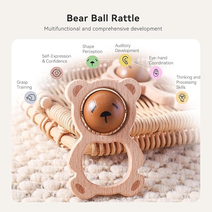 Wooden Baby Rattle Toys, Newborn Rattle Toys 0-12 Months Handmade Baby Clutching Toys | Natural Wooden Baby Teething Toys | Baby Shower/Birthday Gifts (Cute Bear Rattle)
