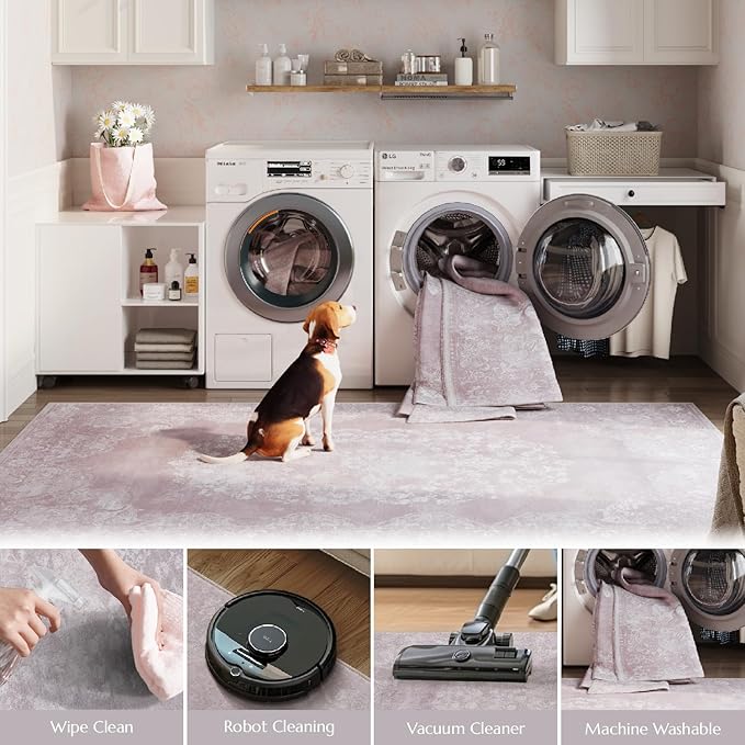 jinchan Vintage Floral 4x6 Area Rugs - Machine Washable Distressed Design Soft Ultra-Thin Low-Pile Non-Slip Carpet for Entryway Kitchen Bedroom Nursery Living Room Dining Room (4x6ft,Orchid)