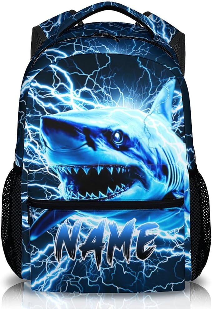 Shark Backpack for Kids Boys - 17 Inch Custom Backpacks with Name for Kindergarten Primary Elementary Senior Middle - Cool Durable Personalized Lightning Bookbag
