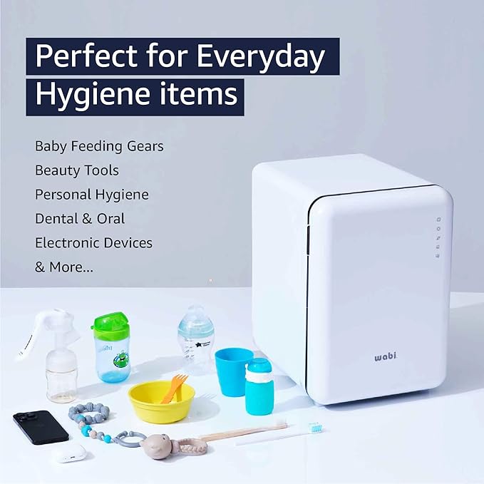 WABI UVC LEDs 3-in-1 Sanitizer & Dryer 360° Box | Disinfect, Dry, & Store Everyday Items, Baby Feeding Gear, and Electronics | Touch Control, LED (No Mercury) | Smart Storage Mode