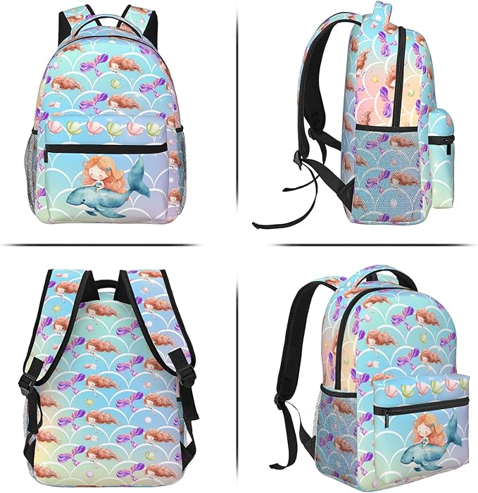 Girls Mermaid & Whale Print School Backpack, Cute Ocean-Themed Book Bag for Kids Girls Boys, Waterproof Lightweight Ergonomics Backpack for Age 3-12, Ideal for School & Outdoor Activities