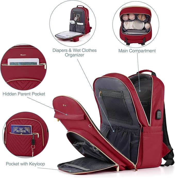 MOMUVO Diaper Backpack for Women Large Capacity with Insulated Pockets Diaper Bags For Baby,Burgundy
