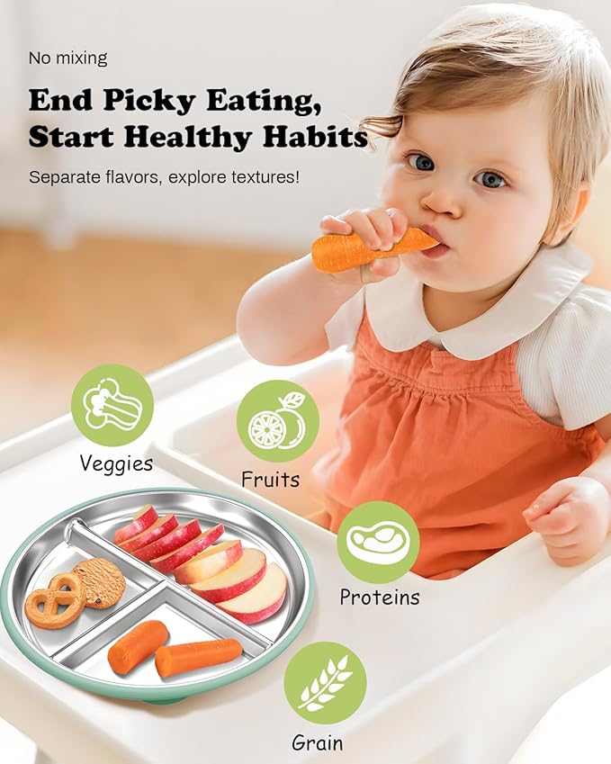 8” Stainless Steel Toddler Plate with Suction, Divided Plates with Removable Silicone Sleeves for Kids, Non Toxic & BPA Free | Non Slip | Unbreakable Baby Snack Dishes Set of 2, Blue & Sage