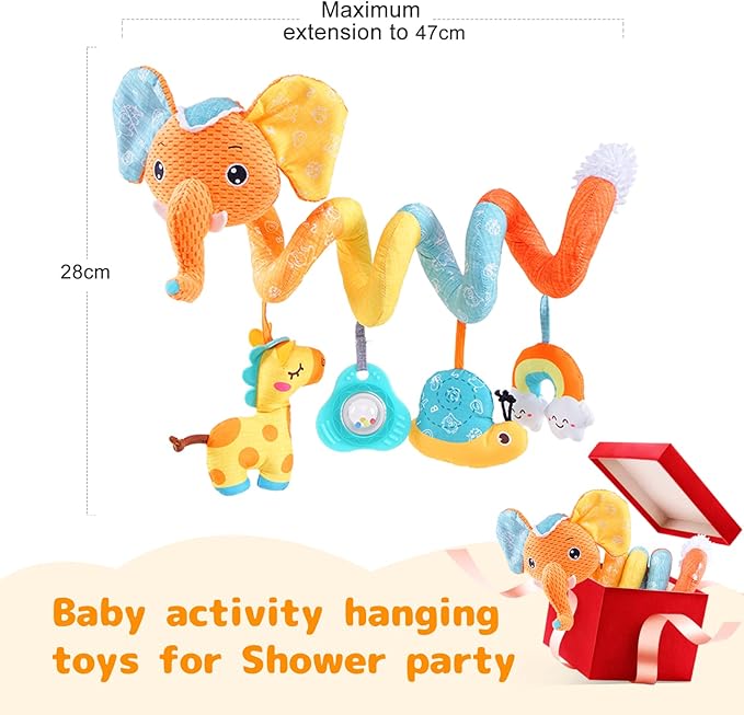 Koty Car Seat Toys, Spiral Car Seat Toy for Infant, Baby Stroller Toys Hanging Crib Activity Toy for CarSeat Crib Bed Stroller, Elephant Hanging Rattle Gifts for Babies 0-6 Months (Orange Elephant)