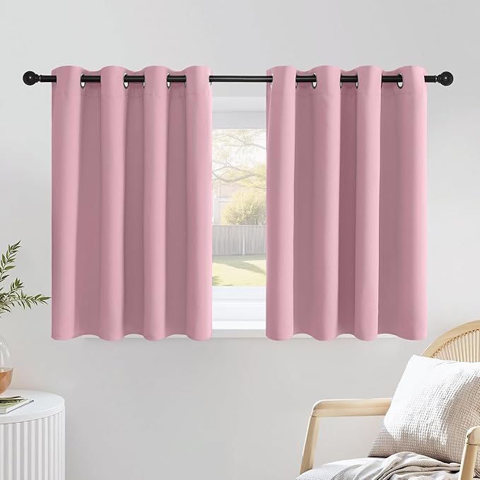NICETOWN Crystal Pink Short Curtains for Girls Room, Grommet Kitchen Window Curtains Thermal Short Drapes Room Darkening for Cafe, 2 Panels, W52 x L36