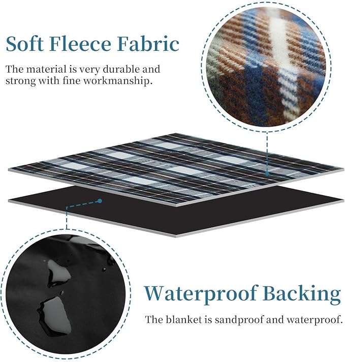 G GOOD GAIN Waterproof Picnic Blankets- Extra Large Outdoor Blanket Foldable, Beach Blanket with PU Handles, Sand-Proof Picnic Mat for Hiking, Camping, Lawn, Park, Grass. Blue Check