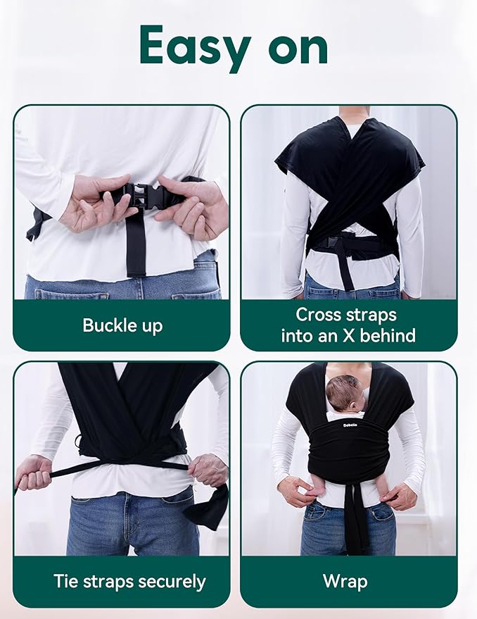 BABELIO Baby Wraps Carrier with Adjustable Buckle, Easy to Wear Lightweight Baby Carrier Newborn, Hands Free Toddler Infant Slings 7-35lbs Black