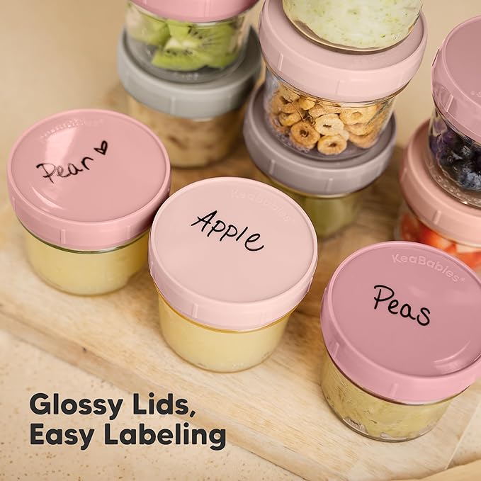KeaBabies 6pk 4oz Glass Baby Food Containers with Lids - Leak-Proof, Microwavable Small Glass Jars, Baby Purees & Toddler Snack Storage Containers, BPA-Free, Dishwasher & Freezer Safe (Roseate)