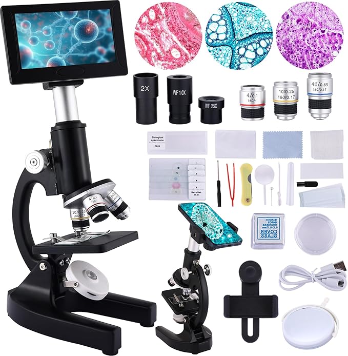 Microscope 40X-2500X Magnification with 4.3-inch Display, Wide-Angle 10X and 25X eyepieces, and Built-in 5-megapixel Camera for School Labs, Animal Husbandry (Black)