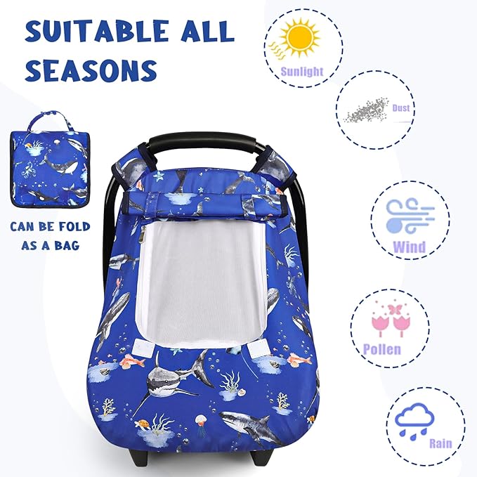 Pea Pod Car Seat Cover Baby, Infant Car Seat Canopy Covers for Newborn with 2 Layers Windows of Breathable Mesh Fabric, Lightweight Polyester/Soft Minky Dot Backing (Ocean)