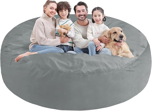 7FT Bean Bag Chair, Large Bean Bag Chairs with Memory Foam Filled, Fluffy Beanbag Sofa with Dutch Velvet Cover, Round BeanBag Chairs for Living Room, Playroom - Light Grey