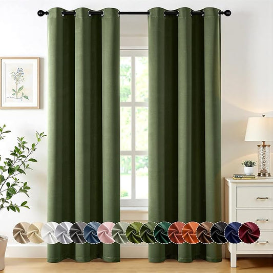 MIULEE Olive Green Blackout Curtains for Bedroom Living Room 84 Inches Long 2 Panels, Thermal Insulated Room Darkening Drapes Solid Grommet Top Noise Reducing Dark Green Window Treatments 40x84 Inch