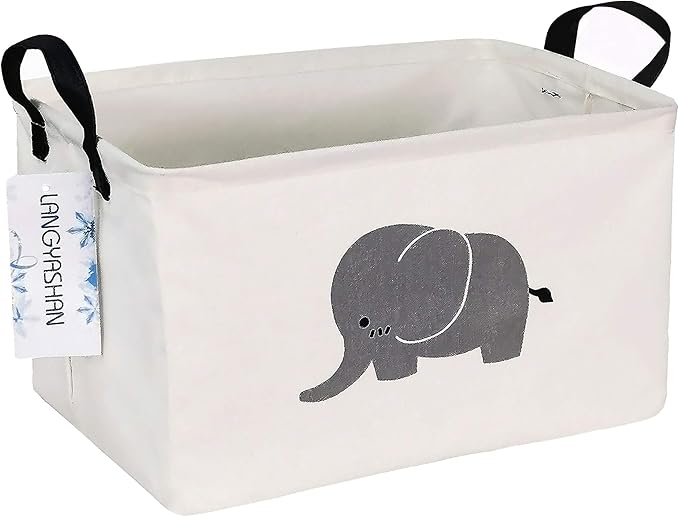 LANGYASHAN Rectangular Storage Bin Collapse Canvas Fabric Cartoon Storage Basket with Handles for Organizing Home Kitchen Boys and Girls Toys Office Closet Shelf Baskets (REC Elephant)
