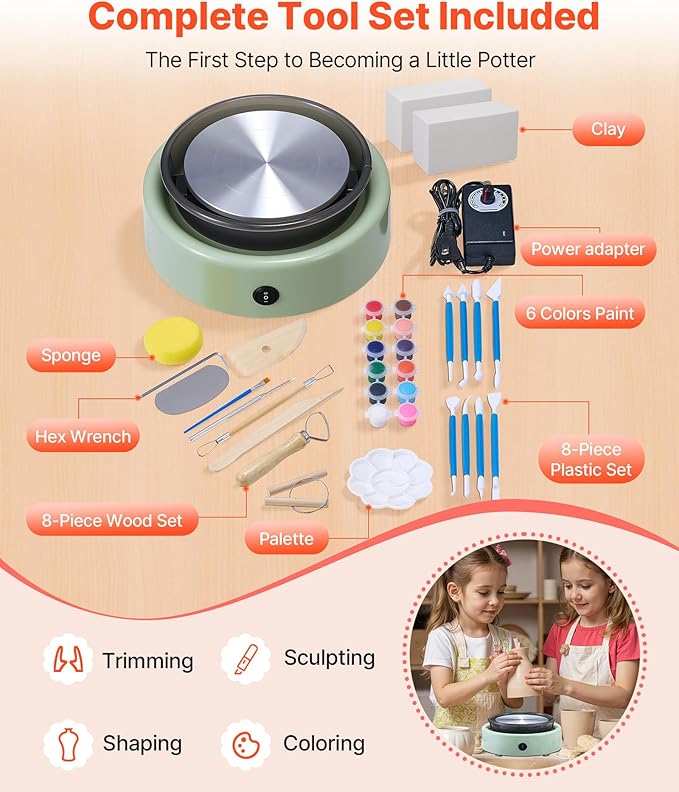 VEVOR Mini Pottery Wheel, 6 inch Turntable, Forward and Reverse Rotation, Adjustable Speed, Electric Clay Wheel for Kids and Beginners, with Shaping Tools, for Home DIY, Pottery Classes, Green