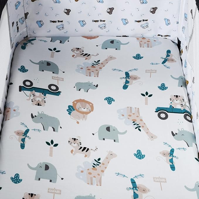Pack n Play Sheet Stretchy Fitted Portable Mini Crib Sheets Set 3 Pack,Playard Sheets Convertible Playard Mattress Cover,Ultra Soft Jersey Material,Elephant Tiger,Fox & Grey