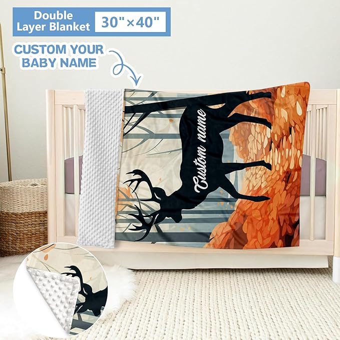 Personalized Baby Crib Bedding Set, 5 Pcs Custom Baby Crib Set with Name, Soft Flannel Deer Crib Bedding Set for Boys, Double Layer Nursery Bedding Set, Toddler Infant Bedding Set Parents Gift