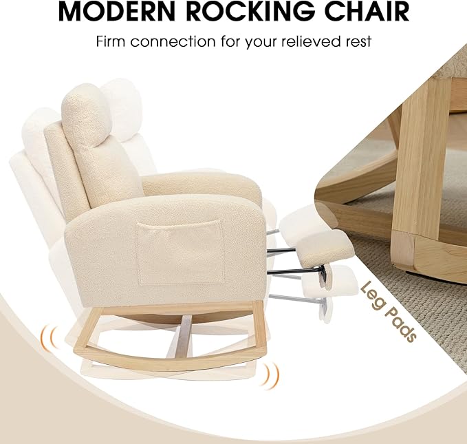 NIOIIKIT Modern Nursery Rocking Chair, Teddy Upholstered Rocking Chair with Footrest, Comfortable Rocker Recliner with Side Pocket, Glider Rocker for Living Room, Bedroom, Nursing Room (Cream)