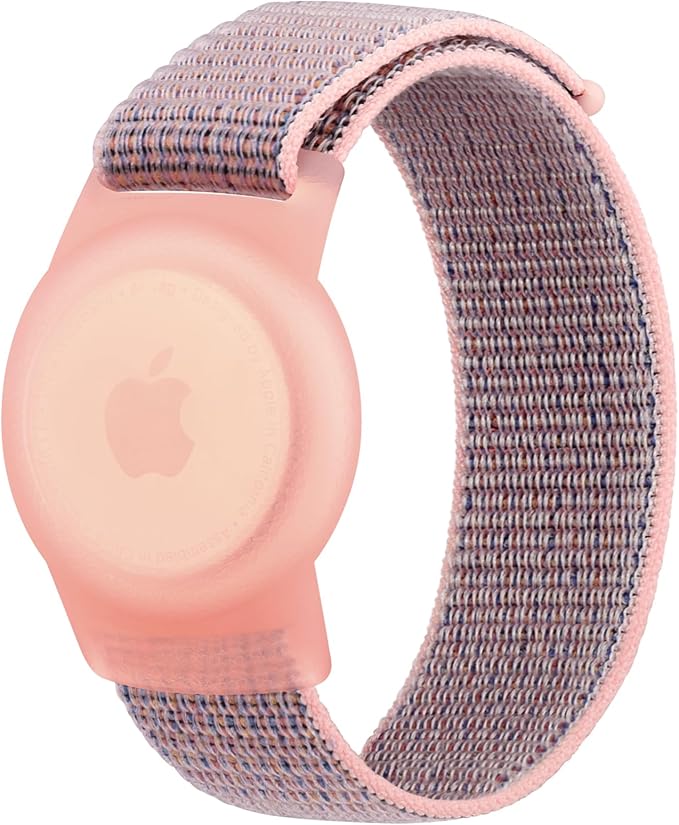 Kids Wristband Protective Case Compatible with Apple AirTag, Adjustable Nylon Bracelet for Air Tag GPS Tracker Holder with Anti Lost Watchband for Toddler Child Kids (Pink+Grey)