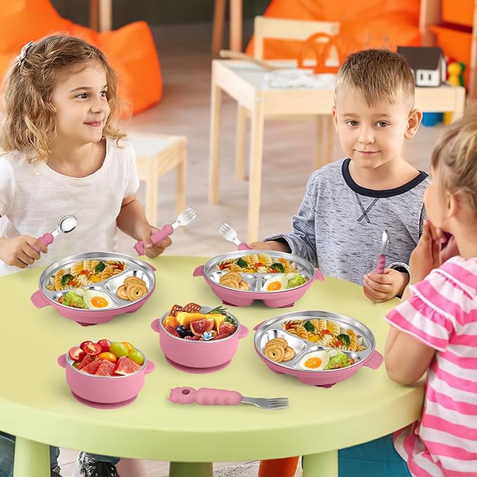 Stainless Steel Baby Plate and Bowl with Suction, Baby Bowl and Divided Kids Toddler Plate with Removable Silicone Shell, Non-Slip Toddler Baby Feeding Set, Forks + Spoons Included-Rose red