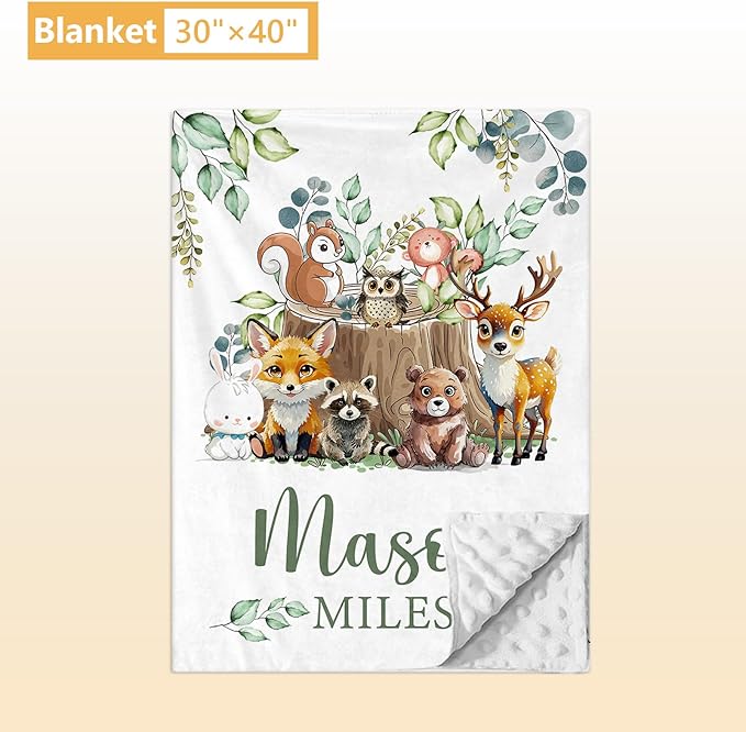 Personalized Baby Bedding Set, 5 Pcs Custom Baby Crib Sets with Name, Toddler Bedding Set for Baby Boys Girls, Forest Animal Double Layer Nursery Bedding Set, Customized Gifts for Infants Kids