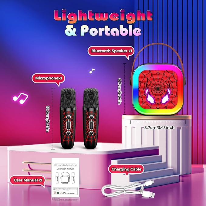 LED Mini Karaoke Machine for Kids: Birthday Gifts for Boys 3 4 5 6 7 8 9 10 Year Old Kid Microphone Toys for Boy Ages 4-8 Portable Bluetooth Speaker with 2 Wireless Mics for Kids Girls Adult
