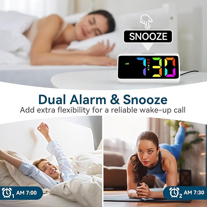 Netzu Loud Alarm Clock for Heavy Sleepers, RGB Alarm Clocks for Bedrooms Seniors Kids, Plug in Digital Clock with 5 Dimmers, 2 Alarms, 4 Volumes and Snooze (White)