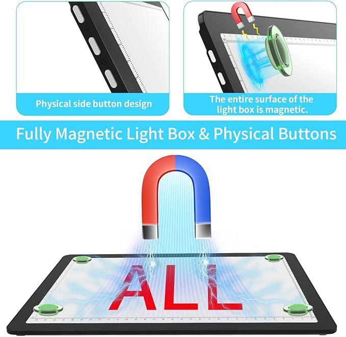 Phylosal Rechargeable A4 LED Light Pad with Built-in Stand, Magnetic Tracing Light Box for Drawing, Diamond Art Light Board with Side Button, Super Bright Light Table for Diamond Painting, Sketching