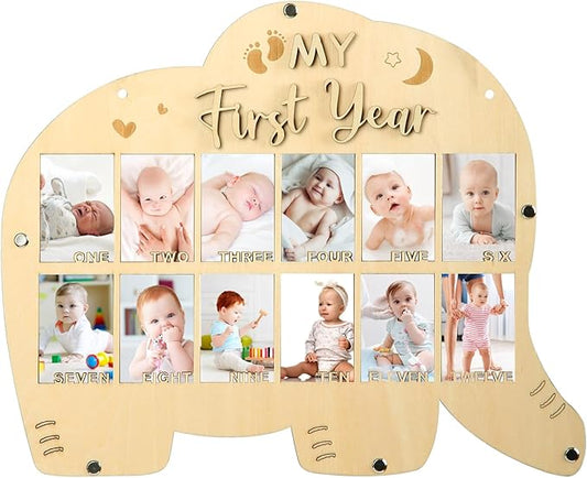 My First Year Picture Frame,One Year Of Photo Board, Baby's First Twelve Months Photo Collage and Gender Neutral Keepsake, Ideal for Baby Shower,New Mom Keepsake Gift and Nursery Decor - With Stand (Elephant sign)