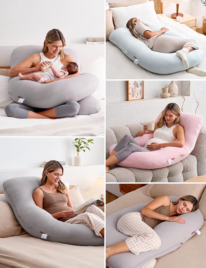 Momcozy Pregnancy Pillows for Sleeping, U Shaped Full Body Pillow for Pregnancy Women with Removable Jersey Cotton Cover, 57 Inch Maternity Pillow, Grey