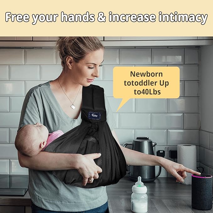 CUBY Mesh Baby Sling Carrier, Breathable Lightweight Baby Wraps Sling with Adjustable Strap Storage Bag- Easy to Wearing Front Baby Slings for Newborn Infant Toddler Carry Up to 40lbs (Black Mesh)