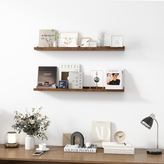 Picture Ledge Shelf, Wood Floating Shelves Set of 2, 36 inch Picture Ledge Shelves, Photo Ledge Nursery Book Shelves Wall Mounted for Living Room Kids' Room Bedroom, Color Brown