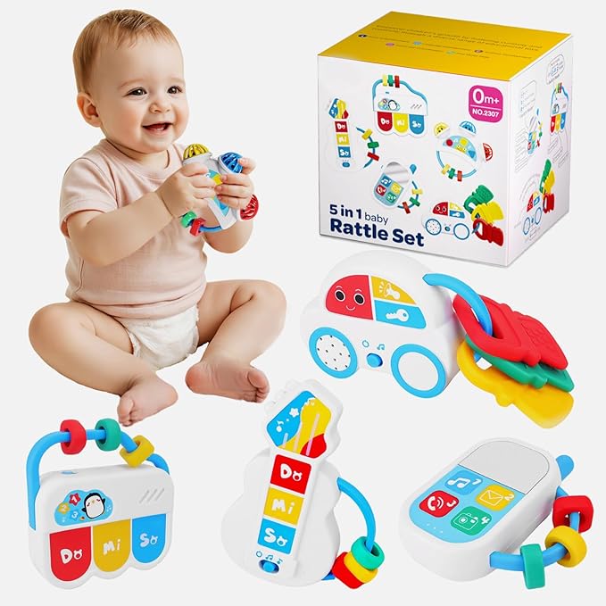 Baby Toys 0-6-12 Months: 5 in 1 Infant Musical Rtattle Teething Toys Sensory Learning Toys with Sounds, Newborn Shower Gifts for Boys & Girls