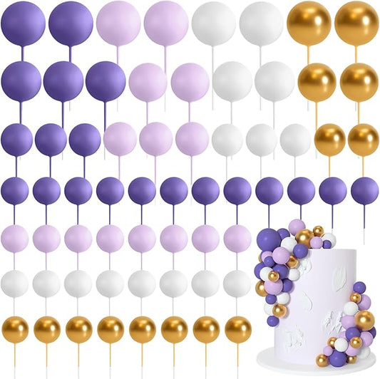 75 Pieces Cake Balls Topper Decorations Foam Cupcake Topper Mini Balloon Balls Cake Picks for Deco Birthday Party Wedding（Purple, Light Purple,Gold, White）