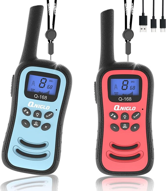 QNIGLO Kids Walkie Talkie, VOX Rechargeable Kids Walkie Talkie, 3KM Working Distance, 48H Standby, 8 Channels, Flashlight Function, Gift for 3-12 Year Old Girls & Boys (2-Pack)