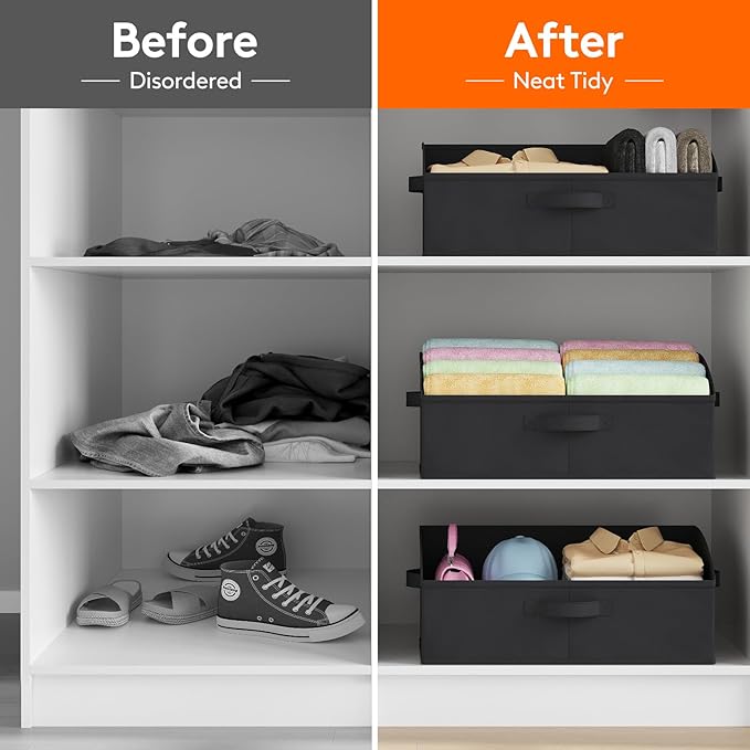 Lifewit Storage Baskets for Shelves, 6 Packs Non-woven Fabric Trapezoid Closet Organizer Bins with Handles, Foldable Clothing Containers Box for Clothes, Toy, Towel, Book, DVD, Hats, Large-Black