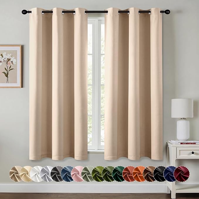 MIULEE Beige Blackout Curtains for Bedroom Living Room 63 Inches Long 2 Panels, Thermal Insulated Room Darkening Drapes Solid Grommet Top Noise Reduction Light Blocking Window Treatments 40x63 Inch