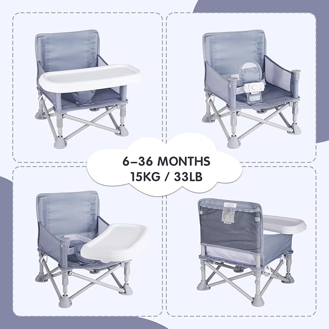 Portable Booster Seat, Toddler Baby Seat with Tray for Dining Table Compact Floor Chair for Camping Lawn Beach Babies Travel 6-36 Months
