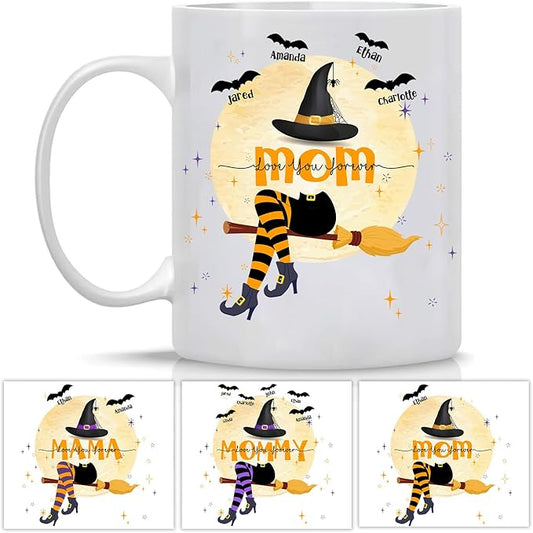 Personalized Halloween Witch Mom Mug With Kids Names - Coffee Cup Gift for Women - 11 or 15 Oz Fall Gift