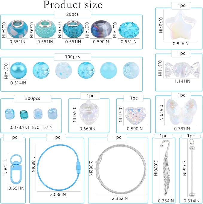 630pcs Beads for Bracelets Making Kit, European Large Hole Beads for Pens, 8mm Round Glass Beads with Charms Spacer Beads for DIY Bracelet Necklace Earring Jewelry Making (Lake Blue)