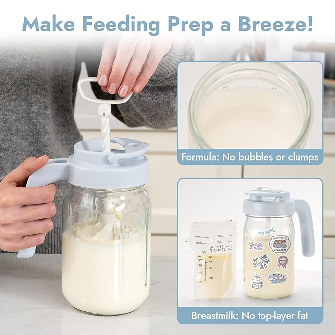 Papablic Glass Breastmilk Pitcher, Formula Mixing Pitcher with Mixing Handle Lid, Wide Mouth Mason Jar Mixer with Flip Locking Spout, Easy to Clean, BPA Free, Blue
