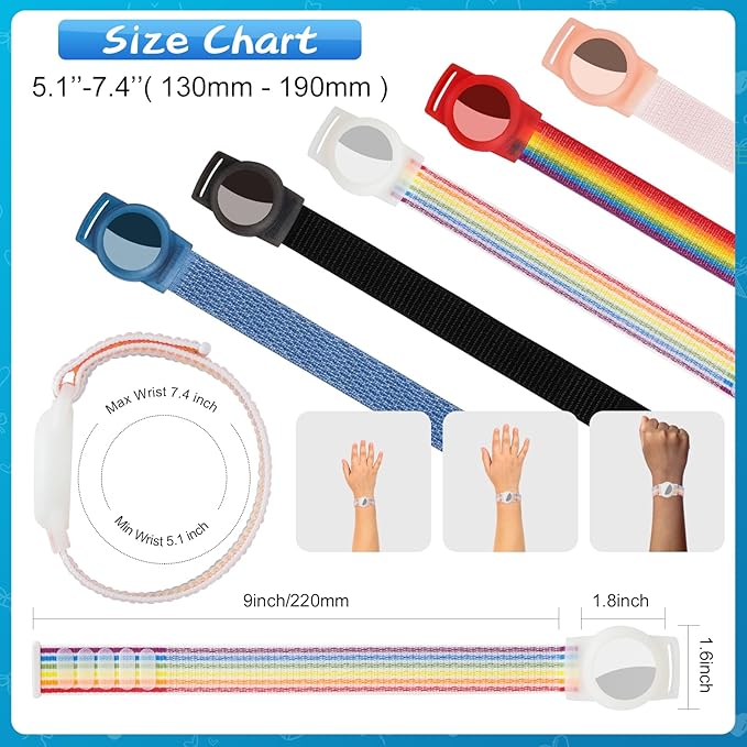 Waterproof Air Tag Bracelet for Kids (2 Pack), Soft Nylon Hidden Air Tag Wristband Full Cover Lightweight GPS Tracker Holder Compatible with Apple AirTag Band for Toddler Child (Rainbows)