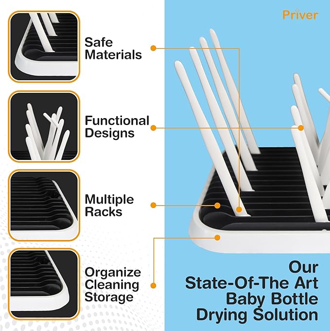 Priver - Baby Bottle Drying Rack with Tray - Space-Saving Drying Rack for Baby Bottles, Cups, Pump Parts - High Capacity Bottle Dryer - Travel Essentials - Newborn Essentials Must-Haves, White