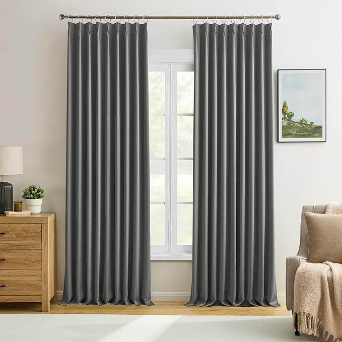 Grey Blackout Curtains 102 Inches Long 2 Panels Set, 60 Inch Wide Pinch Pleated Curtain with Hooks,Thermal Insulated Room Darkening Vertical Window Treatments for Living Room Bedroom 60 x 102