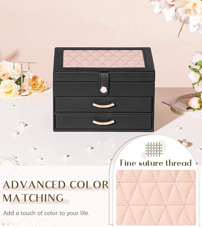 Black Jewelry Box Organizer: Home Decor for Women - 2-Drawer Holder for Valentine’s Day Birthday Christmas Black Pink